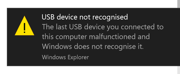 Displaying "USB device not recognized" notification