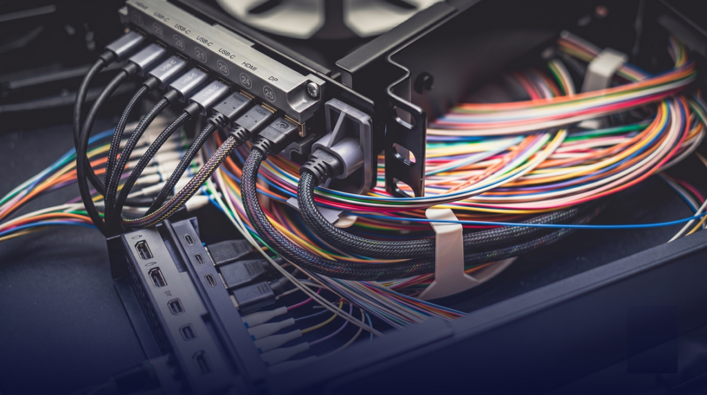 Display output interface verification: a multi-interface I/O switch fixture with numbered HDMI, DisplayPort and USB-C ports and cabling