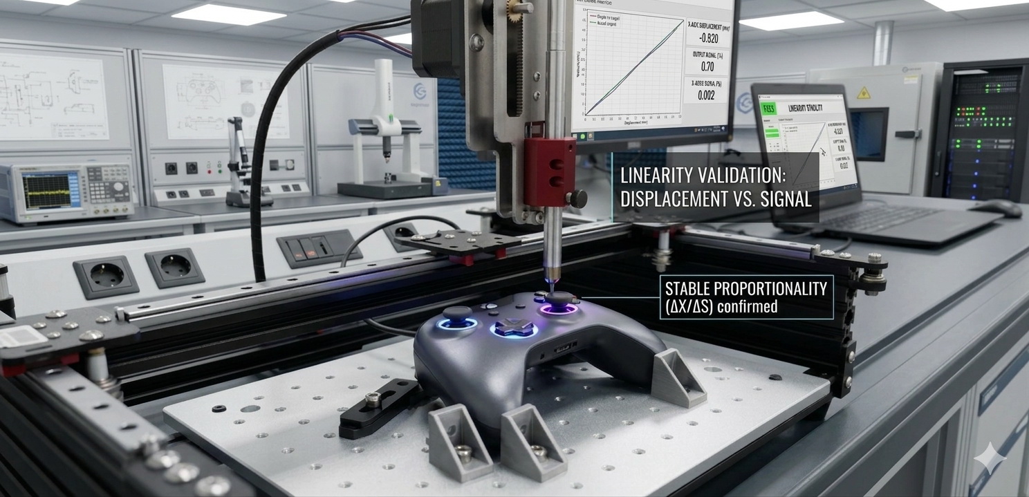 Allion's engineered motion platform in action - a precision displacement stage drives the joystick while linearity data is captured in real time.