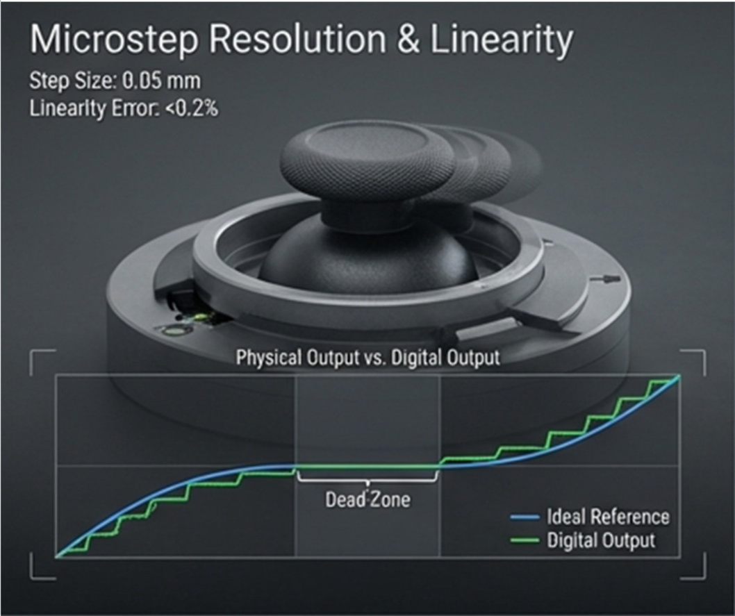 Resolution & Linearity: 0.05mm micro-step displacement vs. digital output, including Dead Zone measurement