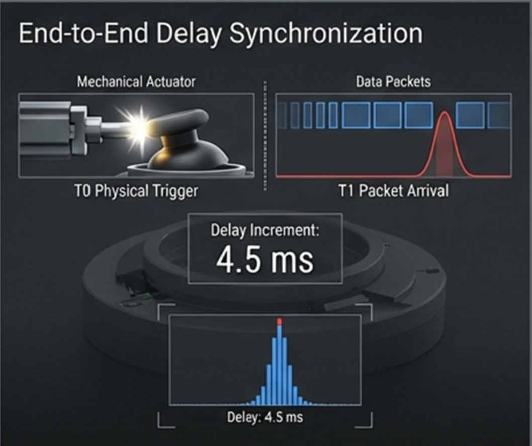End-to-End Latency: Captures the physical trigger (T0) and signal arrival (T1) together to calculate end-to-end delay