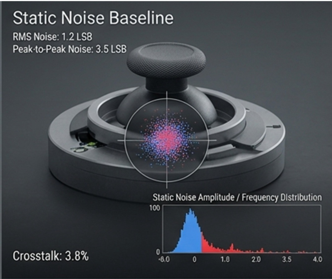 Joystick Drift: Tracks peak-to-peak noise and offset at the center position to reveal long-term drift risk