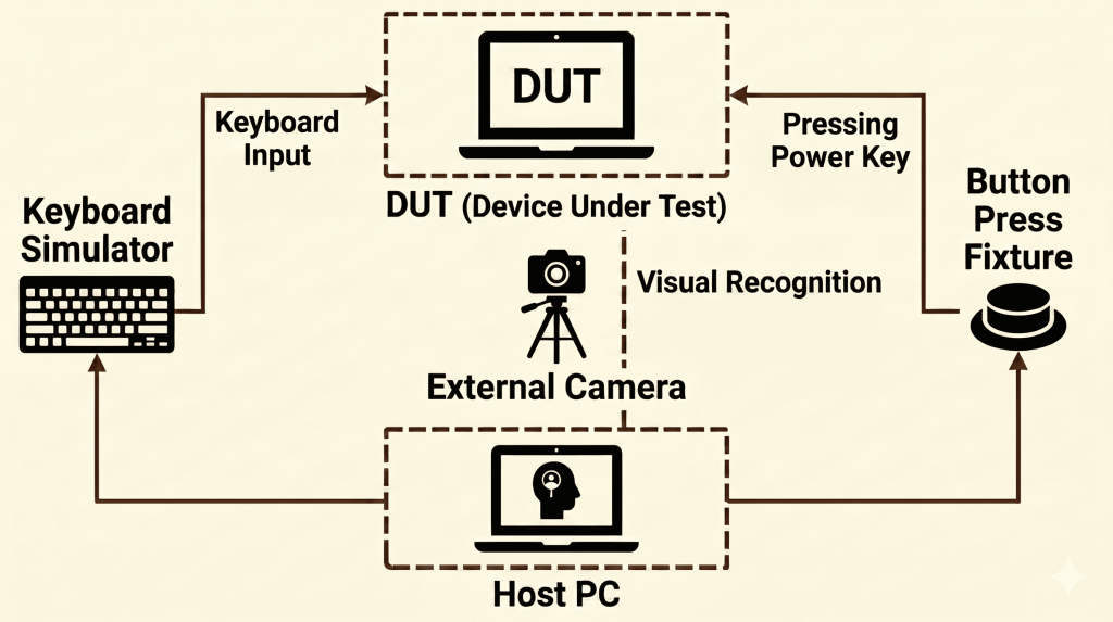 Application #1 Non-OS environment control: Keyboard Simulator, external camera and Button Press Fixture connected to the DUT and Host PC