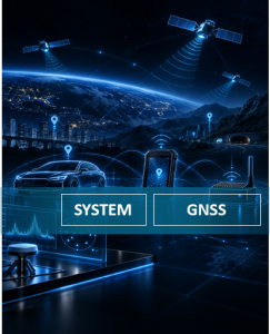Satellites sending signals to a car, a rugged handheld device, and an IoT gateway, illustrating GNSS positioning tests