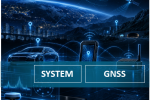 Satellites sending signals to a car, a rugged handheld device, and an IoT gateway, illustrating GNSS positioning tests